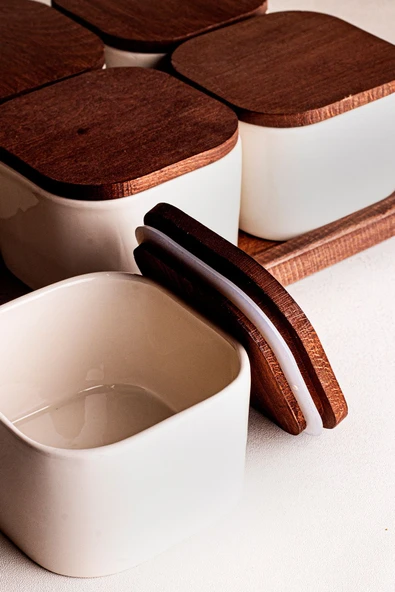 Snippy Luma Beyaz - Dikdörtgen Tepsili 6'lı Ahşap Vakumlu Kapaklı Seramik Kahvaltılık Kase Çerezlik 300 ml - 6