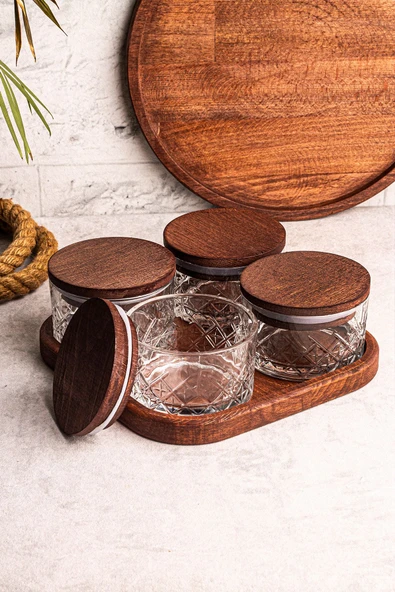 Snippy Milla Kare Tepsili 4'lü Ahşap Vakumlu Kapaklı Cam Kahvaltılık Çok Amaçlı Cam Çerezlik 230 ml - Resim 2