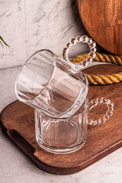 Snippy Cuppy - 2 Adet Cam Bardak Boncuk Kulplu Kupa Çay Kahve Meşrubat Bardağı 300 ml - 5