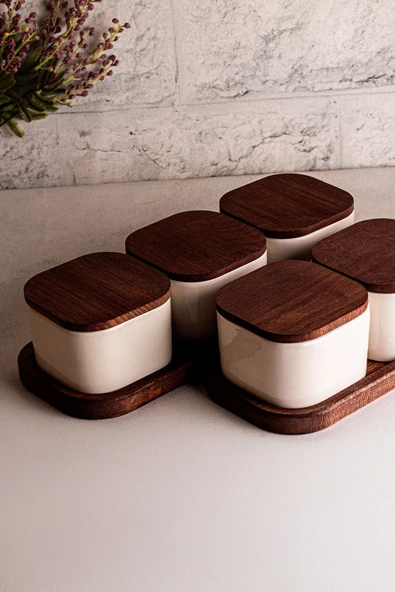 Snippy Luma Beyaz - 8 Parça Tepsili Ahşap Vakumlu Kapaklı Seramik Kahvaltılık Kase Çerezlik 300 ml - 5