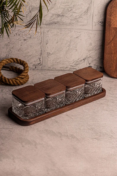 Snippy Milla Kare 5 Parça Tepsili Ahşap Vakumlu Kapaklı Cam Kahvaltılık Çok Amaçlı Cam Çerezlik 230ml - Resim 5