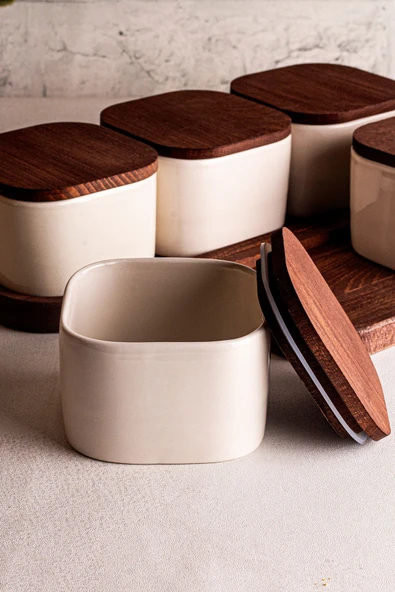 Snippy Luma Beyaz - 8 Parça Tepsili Ahşap Vakumlu Kapaklı Seramik Kahvaltılık Kase Çerezlik 300 ml - 3