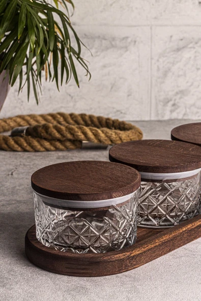 Snippy Milla 5 Parça Tepsili Ahşap Vakumlu Kapaklı Cam Kahvaltılık Çok Amaçlı Cam Çerezlik 230ml - Resim 2