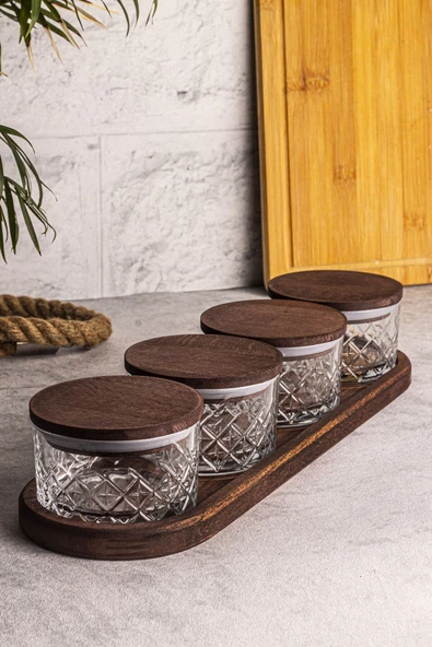 Snippy Milla 5 Parça Tepsili Ahşap Vakumlu Kapaklı Cam Kahvaltılık Çok Amaçlı Cam Çerezlik 230ml - Resim 4