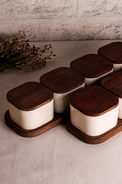 Snippy Luma Beyaz - 10 Parça Tepsili Ahşap Vakumlu Kapaklı Seramik Kahvaltılık Kase Çerezlik 300 ml - 6