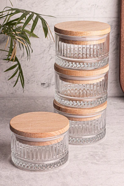 Snippy Bella Soft 4'lü Ahşap Vakumlu Kapaklı Cam Kahvaltılık Çok Amaçlı Cam Çerezlik 235 ml - Resim 3