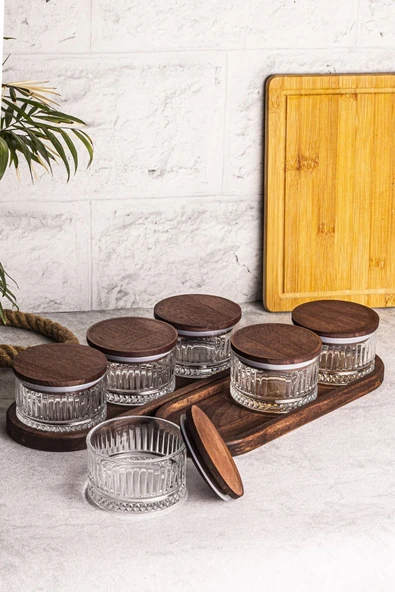 Snippy Bella 8 Parça Tepsili Ahşap Vakumlu Kapaklı Cam Kahvaltılık Çok Amaçlı Cam Çerezlik 235ml - 2