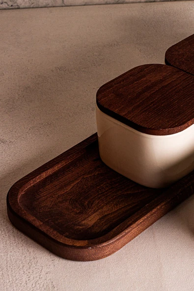 Snippy Luma Beyaz - 5 Parça Tepsili Ahşap Vakumlu Kapaklı Seramik Kahvaltılık Kase Çerezlik 300 ml - 7