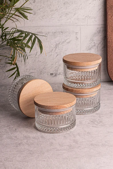 Snippy Bella Soft 4'lü Ahşap Vakumlu Kapaklı Cam Kahvaltılık Çok Amaçlı Cam Çerezlik 235 ml - Resim 5