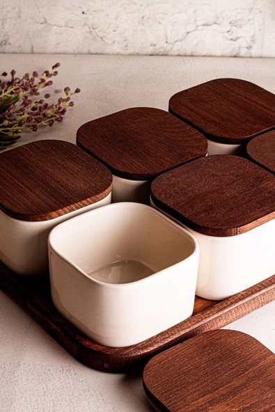 Snippy Luma Beyaz - Dikdörtgen Tepsili 6'lı Ahşap Vakumlu Kapaklı Seramik Kahvaltılık Kase Çerezlik 300 ml - 4