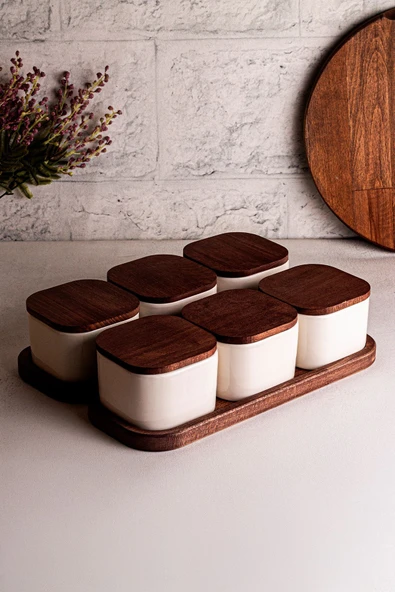 Snippy Luma Beyaz - 8 Parça Tepsili Ahşap Vakumlu Kapaklı Seramik Kahvaltılık Kase Çerezlik 300 ml