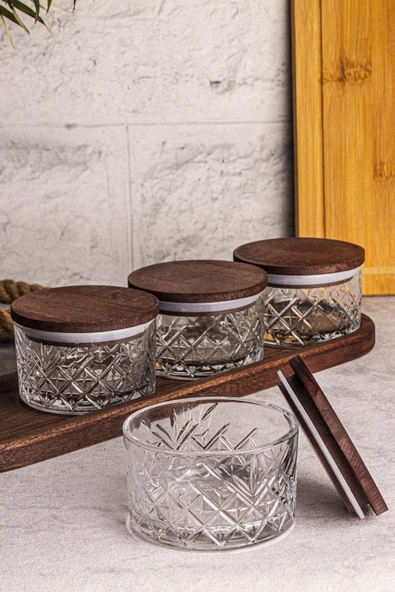 Snippy Milla 5 Parça Tepsili Ahşap Vakumlu Kapaklı Cam Kahvaltılık Çok Amaçlı Cam Çerezlik 230ml - Resim 5