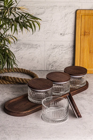 Snippy Bella 5 Parça Tepsili Ahşap Vakumlu Kapaklı Cam Kahvaltılık Çok Amaçlı Cam Çerezlik 235 ml - 4