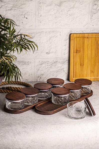 Snippy Milla 10 Parça Tepsili Ahşap Vakumlu Kapaklı Cam Kahvaltılık Çok Amaçlı Cam Çerezlik 230ml - 6