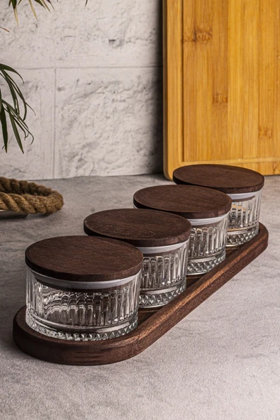 Snippy Bella 5 Parça Tepsili Ahşap Vakumlu Kapaklı Cam Kahvaltılık Çok Amaçlı Cam Çerezlik 235 ml - 3