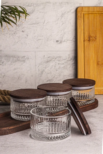 Snippy Bella 5 Parça Tepsili Ahşap Vakumlu Kapaklı Cam Kahvaltılık Çok Amaçlı Cam Çerezlik 235 ml - 5