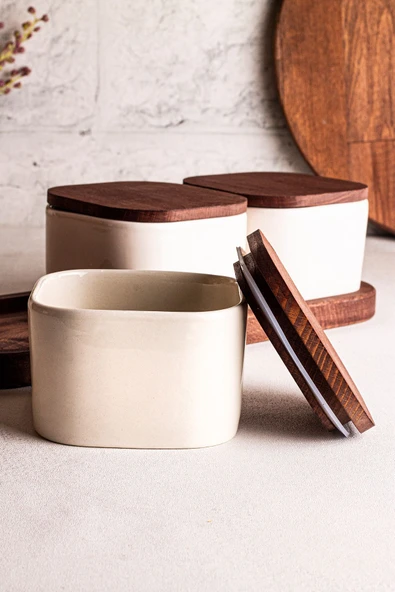 Snippy Luma Beyaz - 4 Parça Tepsili Ahşap Vakumlu Kapaklı Seramik Kahvaltılık Kase Çerezlik 300 ml - 2