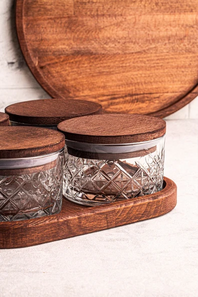 Snippy Milla Kare Tepsili 4'lü Ahşap Vakumlu Kapaklı Cam Kahvaltılık Çok Amaçlı Cam Çerezlik 230 ml - Resim 3