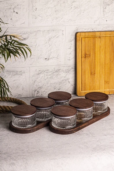 Snippy Bella 8 Parça Tepsili Ahşap Vakumlu Kapaklı Cam Kahvaltılık Çok Amaçlı Cam Çerezlik 235ml - 3