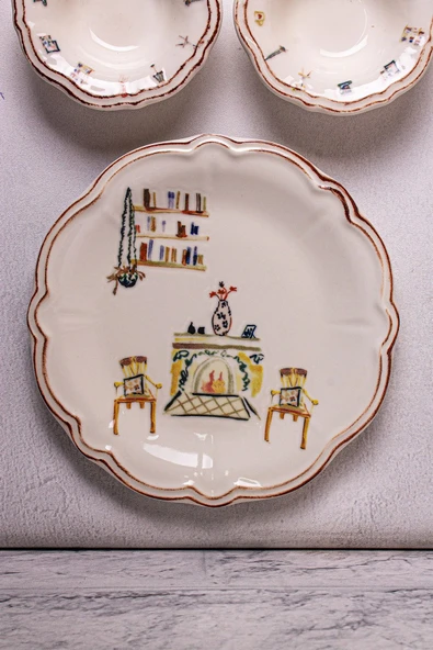 Snippy Family-14 Parça Porselen Kenarları Silik Vintage Tuval Model Kahvaltı Takımı 6 Kişilik Kahvaltı Seti - 4