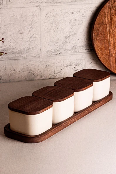 Snippy Luma Beyaz - 5 Parça Tepsili Ahşap Vakumlu Kapaklı Seramik Kahvaltılık Kase Çerezlik 300 ml - 4