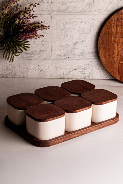 Snippy Luma Beyaz - Dikdörtgen Tepsili 6'lı Ahşap Vakumlu Kapaklı Seramik Kahvaltılık Kase Çerezlik 300 ml