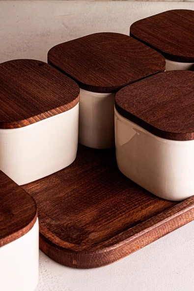 Snippy Luma Beyaz - Dikdörtgen Tepsili 6'lı Ahşap Vakumlu Kapaklı Seramik Kahvaltılık Kase Çerezlik 300 ml - 3