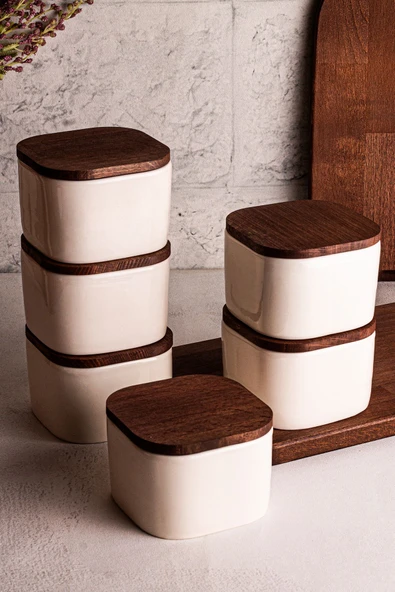 Snippy Luma Beyaz - 6'lı Ahşap Vakumlu Kapaklı Seramik Kahvaltılık Çok Amaçlı Seramik Kase Çerezlik 300 ml - 6