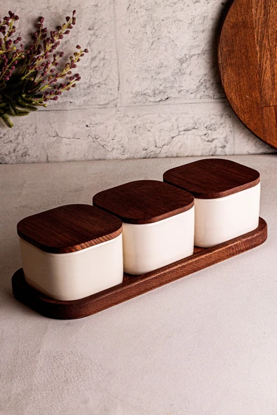 Snippy Luma Beyaz - 4 Parça Tepsili Ahşap Vakumlu Kapaklı Seramik Kahvaltılık Kase Çerezlik 300 ml - 6