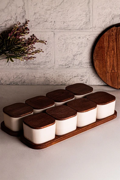 Snippy Luma Beyaz - 10 Parça Tepsili Ahşap Vakumlu Kapaklı Seramik Kahvaltılık Kase Çerezlik 300 ml