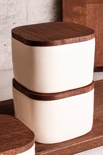 Snippy Luma Beyaz - 6'lı Ahşap Vakumlu Kapaklı Seramik Kahvaltılık Çok Amaçlı Seramik Kase Çerezlik 300 ml - 4