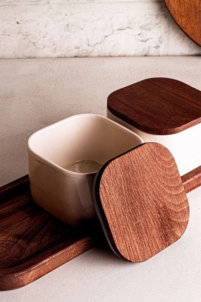 Snippy Luma Beyaz - 4 Parça Tepsili Ahşap Vakumlu Kapaklı Seramik Kahvaltılık Kase Çerezlik 300 ml - 4