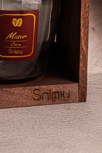 Snippy Fatty Gold - Standlı 6'lı Vakumlu Ahşap Kapaklı Etiketli Cam Baharatlık Takımı Saklama Kabı 580 ml - 6