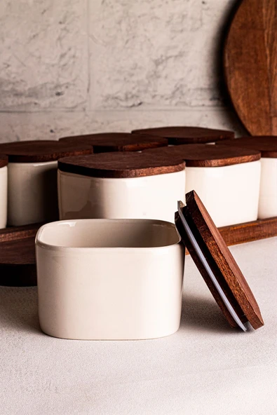 Snippy Luma Beyaz - 10 Parça Tepsili Ahşap Vakumlu Kapaklı Seramik Kahvaltılık Kase Çerezlik 300 ml - 2