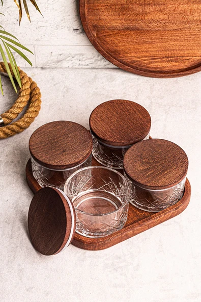 Snippy Milla Kare Tepsili 4'lü Ahşap Vakumlu Kapaklı Cam Kahvaltılık Çok Amaçlı Cam Çerezlik 230 ml - Resim 5