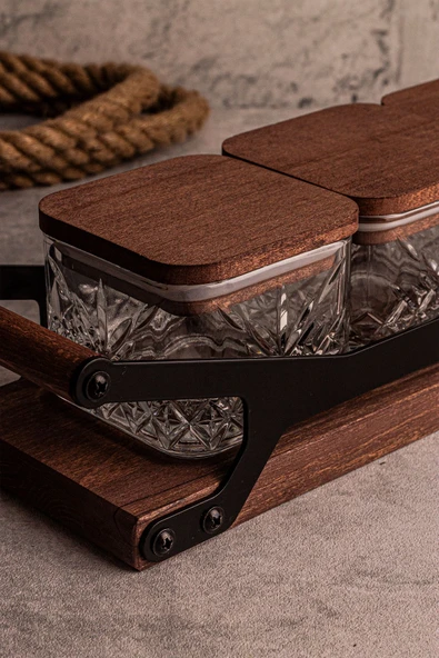 Snippy Grade Milla Kare 5 Parça Tepsili Ahşap Vakumlu Kapaklı Tepsili Cam Kahvaltılık Çerezlik 230 ml - Resim 8