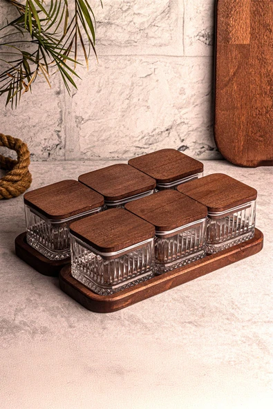 Snippy Bella Kare 8 Parça Tepsili Ahşap Vakumlu Kapaklı Cam Kahvaltılık Çok Amaçlı Cam Çerezlik 230ml - Resim 4