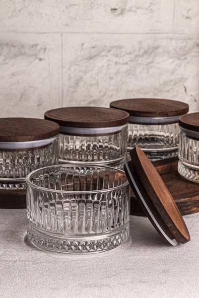 Snippy Bella 8 Parça Tepsili Ahşap Vakumlu Kapaklı Cam Kahvaltılık Çok Amaçlı Cam Çerezlik 235ml - 5