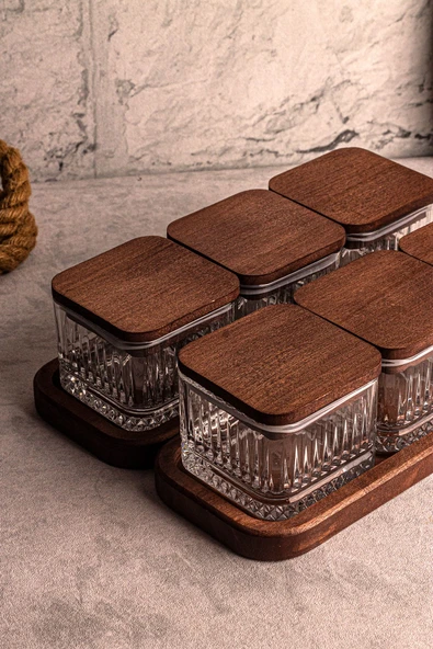 Snippy Bella Kare 8 Parça Tepsili Ahşap Vakumlu Kapaklı Cam Kahvaltılık Çok Amaçlı Cam Çerezlik 230ml - Resim 7