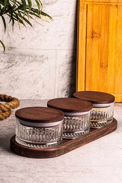 Snippy Bella 4 Parça Tepsili Ahşap Vakumlu Kapaklı Cam Kahvaltılık Çok Amaçlı Cam Çerezlik 235 ml - 4