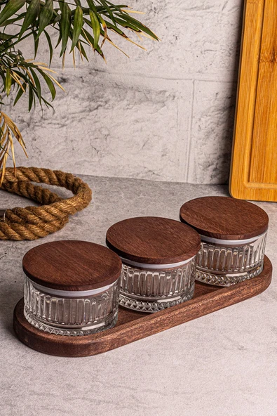 Snippy Bella 4 Parça Tepsili Ahşap Vakumlu Kapaklı Cam Kahvaltılık Çok Amaçlı Cam Çerezlik 235 ml - 6