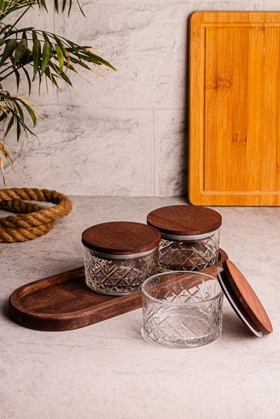 Snippy Milla 4 Parça Tepsili Ahşap Vakumlu Kapaklı Cam Kahvaltılık Çok Amaçlı Cam Çerezlik 230 ml - 5