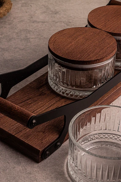 Snippy Grade Bella Yuvarlak 8 Parça Tepsili Ahşap Vakumlu Kapaklı Tepsili Cam Kahvaltılık Çerezlik 235 ml - 6