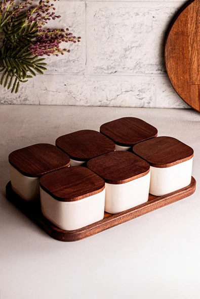 Snippy Luma Beyaz - Dikdörtgen Tepsili 6'lı Ahşap Vakumlu Kapaklı Seramik Kahvaltılık Kase Çerezlik 300 ml - 5