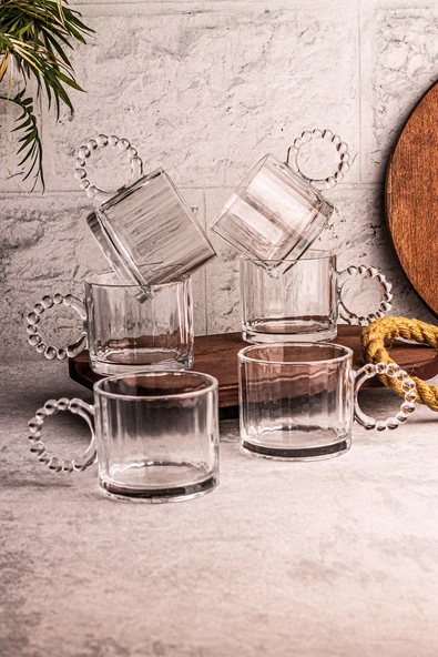 Snippy Cuppy - 6 Adet Cam Bardak Boncuk Kulplu Kupa Çay Kahve Meşrubat Bardağı 300 ml