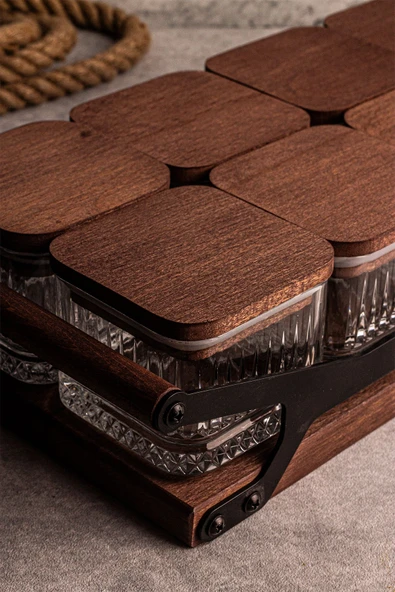 Snippy Grade Bella Kare 10'lu Ahşap Vakumlu Kapaklı Tepsili Cam Kahvaltılık Cam Çerezlik 230 ml - Resim 6