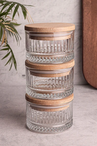 Snippy Bella Soft 3'lü Ahşap Vakumlu Kapaklı Cam Kahvaltılık Çok Amaçlı Cam Çerezlik 235 ml