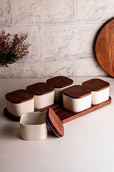 Snippy Luma Beyaz - 8 Parça Tepsili Ahşap Vakumlu Kapaklı Seramik Kahvaltılık Kase Çerezlik 300 ml - 2