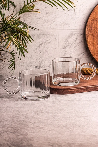 Snippy Cuppy - 2 Adet Cam Bardak Boncuk Kulplu Kupa Çay Kahve Meşrubat Bardağı 300 ml - 3