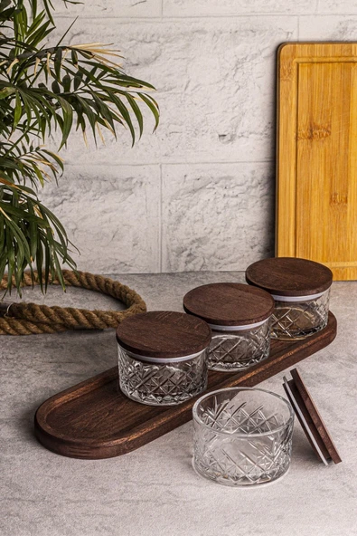 Snippy Milla 5 Parça Tepsili Ahşap Vakumlu Kapaklı Cam Kahvaltılık Çok Amaçlı Cam Çerezlik 230ml - Resim 8